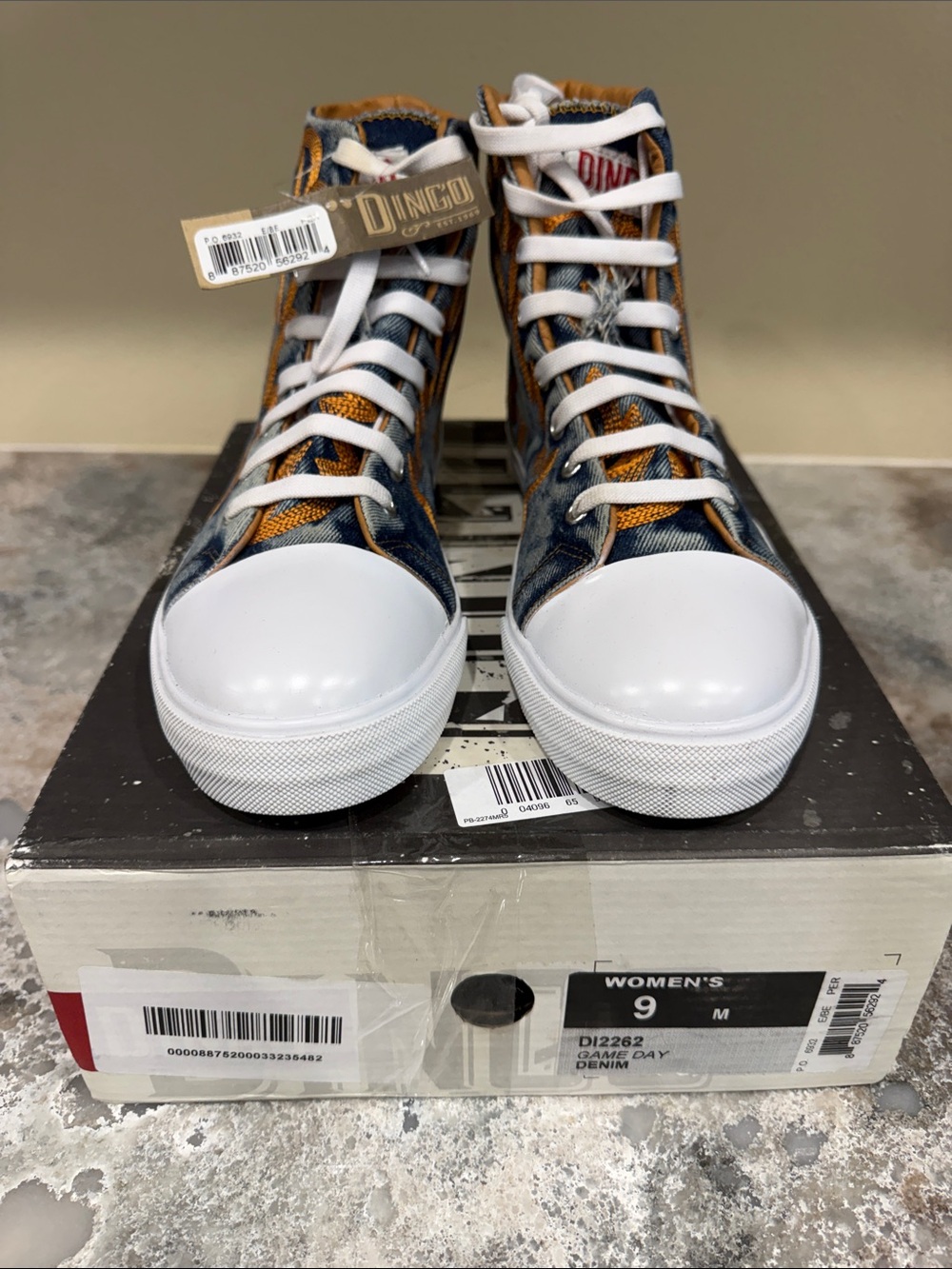 dingo Women's Denim High-Top Sneakers with White Toecap and Tan Accents